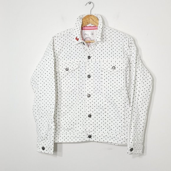 Disney Minnie Mouse Forever White Polka Dot Jean Jacket Sequin Back 100% Cotton - Picture 2 of 16
